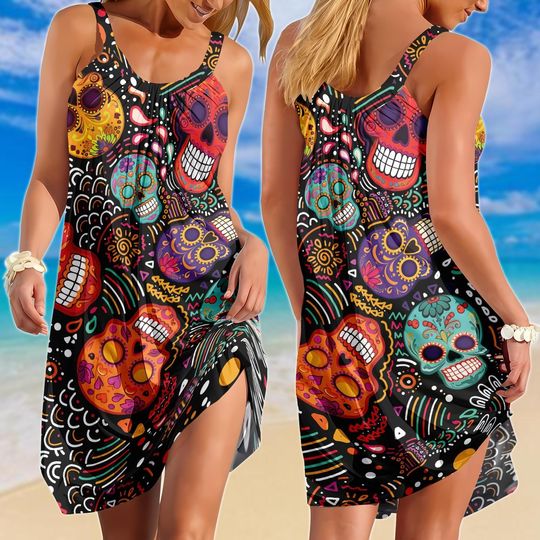 Discover Sugar Skull Summer Dress, Halloween Dress, Mexico Women Dress, Sugar Skull Dress For Her, Halloween Club Lover