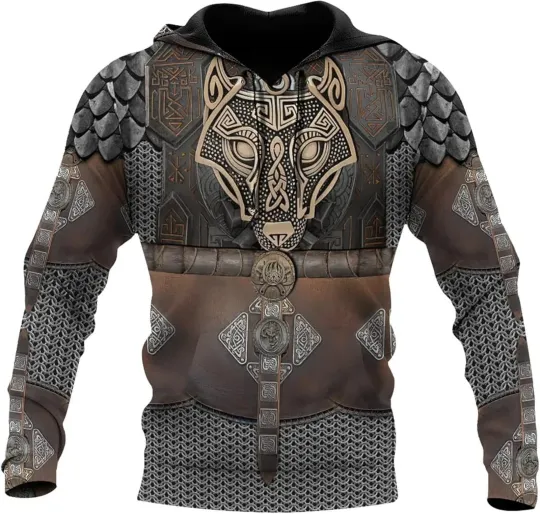 Discover Vikings 3D Armor Hoodie Norse Myth Celtic Wolf Tattoo Long Sleeve , Gift For Fan
