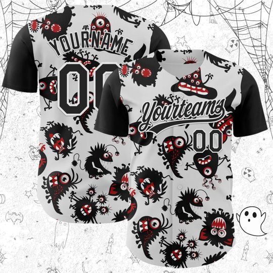 Discover Halloween Monster Doodle Baseball Jersey  Custom Team Name, Player Name & Number, Black/Gray Unisex Button-Up