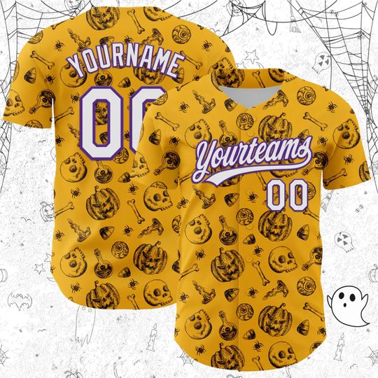 Discover Halloween Doodle Baseball Jersey  Mustard Gold All-Over Print, Custom Team Name, Player Name & Number (Unisex Button-Up)