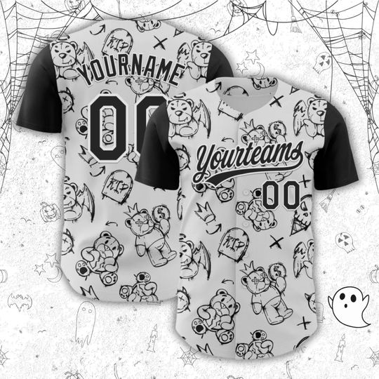 Discover Halloween Doodle Baseball Jersey  Custom Team Name, Player Name & Number, Black/Gray Unisex Button-Up