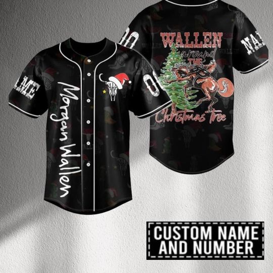 Country Christmas Baseball Jersey | Black Button-Up | Cowboy Tree Back