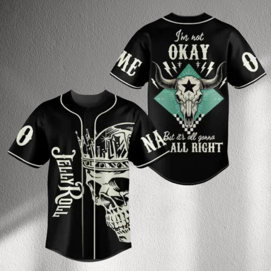 Discover Crowned Skull Baseball Jersey | Western Rock Button-Up | Longhorn Back Print (Black & Mint)
