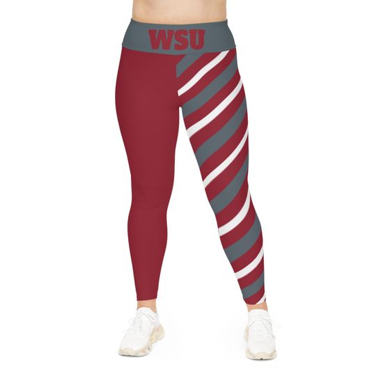 Crimson and grey striped Plus Size Leggings, WSU themed leggings, cougars fan leggings, student pants, cute yoga pants, alumni, gift