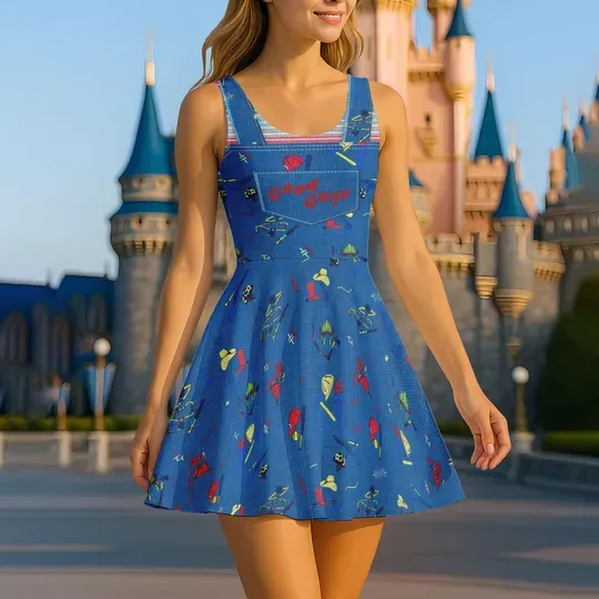 Chucky Costume Skater Dress, Creepy Doll Cosplay Dress, Horror Movie Halloween Outfit, Scary Cute Costume, Spooky Party Skater Dress