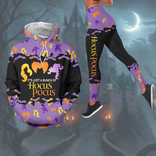 Halloween Hocus Pocus Hoodie, Sanderson Sister Leggings For Women, Halloween Witch Costume Outfit, Purple Witch Horror Wear, Halloween
