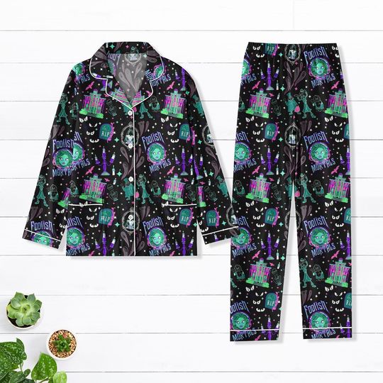 Halloween Haunted Mansion Pajamas Set, Foolish Mortals Sleepwear, Hitchhiking Ghosts Long Sleeve Pajamas, Madam Leota Spooky Season
