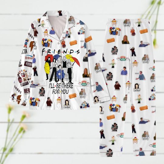Friends Pajamas Set, Chandler Monica Rachel Phoebe Joey Ross Quotes Pajamas, Central Perk Holiday Pajamas, Tv Series Pjs, Xmas Gift