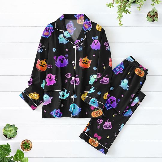 Discover Colorful Neon Boo Ghost Pajamas, Iridescent Ghost Boo Long Sleeve Pajamas, Neon Halloween Sleepwear, Boo Ghost Boho Fall Homewear