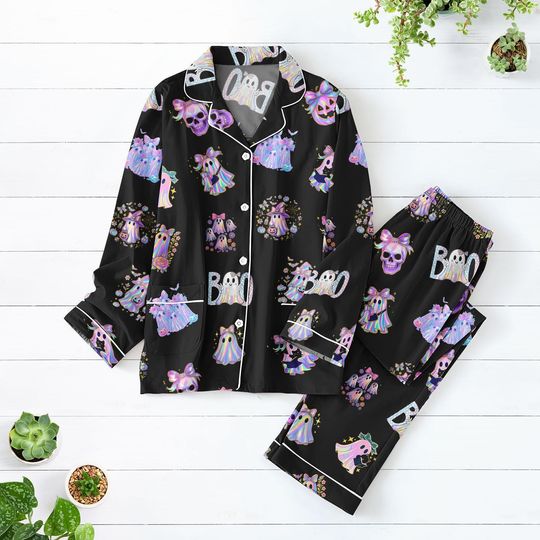 Neon Spooky Ghost Boo Pajamas Set, Iridescent Ghost Boo Sleepwear, Neon Halloween Ghost Lougewear, Boo Ghost Short Pjs Set For Women