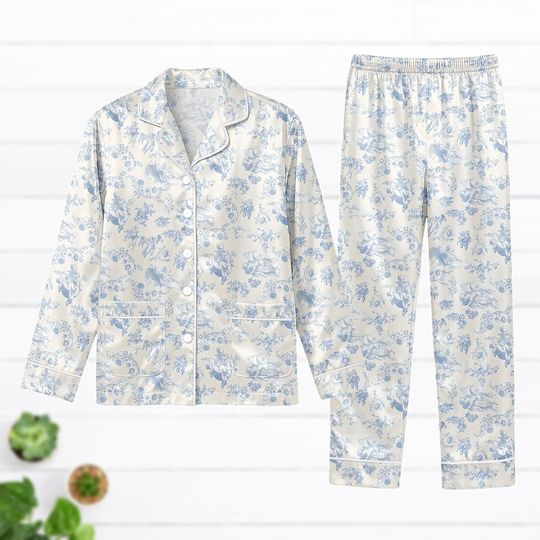 Romantic Blue Toile Satin Pajama Set, Cherub & Floral Long Sleeve Sleepwear, French Vintage Button Up PJs, Gift For Her