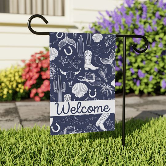 Discover Coastal Cowgirl Navy Garden Flag, Western Beach Home Decor, Gift for Her, Ocean Welcome House Banner