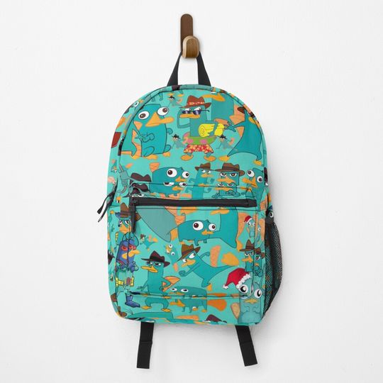 Perry the Platypus Phineas and Ferb Collage Pattern Design - Aquamarine Background Backpack