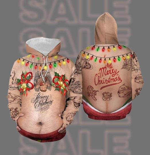 Discover Funny Christmas Hoodie | 3D Print Ugly Xmas Sweatshirt | Merry Christmas Tattoo Belly Hoodie | Novelty Holiday Party Outfit