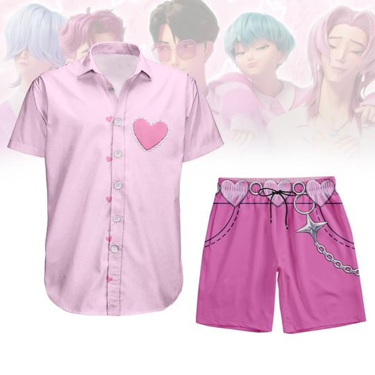 Pink Romance Saja Boys Hawaiian Shirt/Shorts, Romance Saja Button Shirt, Romance Saja Cosplay Shirt, Kpop Demon Hunters Tee