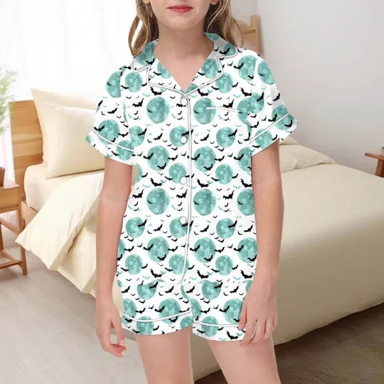 Girls Halloween Pajama Set 2 Piece Button Up Top And Shorts Soft Comfortable