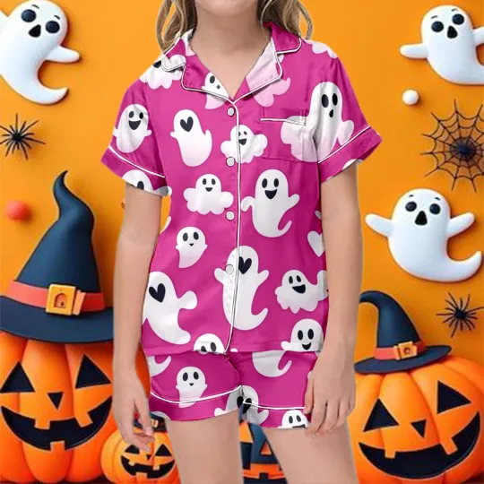 Discover Kids Girls Halloween Cartoon Floral Printed Short Sleeve Button Down Pajamas