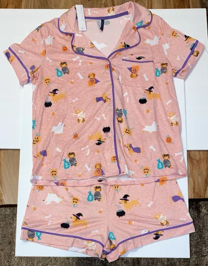 Discover Jaclyn Intimates Medium NWT Shorts + Top Pajama Set Dogs Halloween Costumes Pink