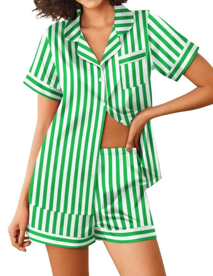 Discover Womens Silk Satin Pajamas Sets 2 Piece Short Sleeve Sleepwear Button Down Top...