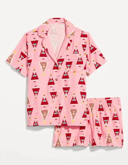 Old Navy Women’s Printed Flannel Pajama Set Pink Santa Size XXL
