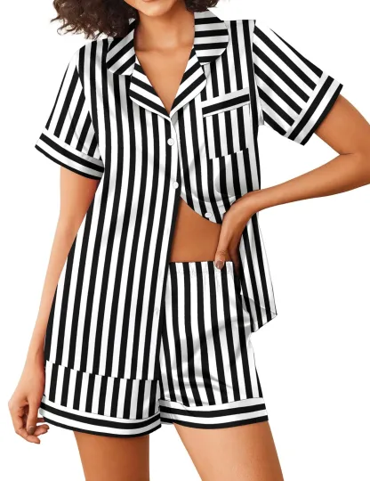 Discover Womens Silk Satin Pajamas Sets 2 Piece Short Sleeve Sleepwear Button Down Top...