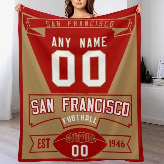 San Francisco Personalized Football Blanket - Custom Name and Number Throw Blanket, Team Style Decor, Ideal Gifts for Kids and Adults