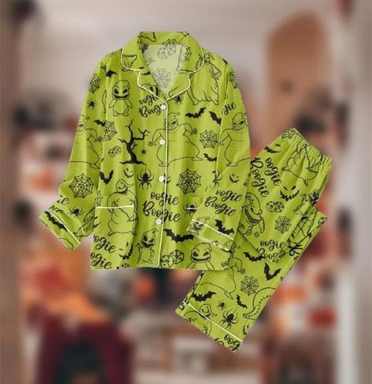Discover Halloween Pajama Set | Green Boogie Print Sleepwear | Spooky Nightwear with Bats & Spider Webs | Fun Cozy Loungewear for Women and Men