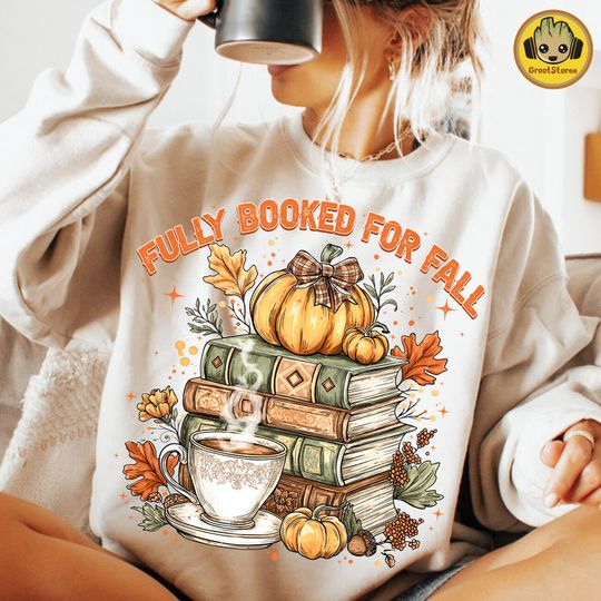 Discover Retro Booked for Fall Sweatshirt, Autumn Reading Pumpkin Tee, Coffee Lover Fall Shirt