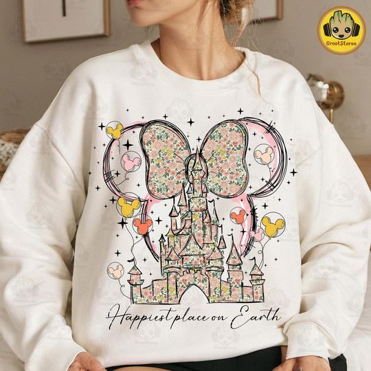 Discover Happiest Place On Earth Sweatshirt, Magical Castle Floral Graphic, Family Vacation Cozy Top
