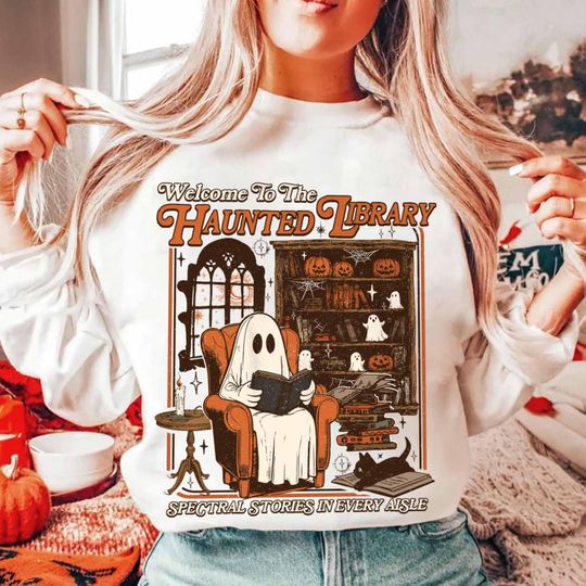 Discover Haunted Library Sweatshirt, Retro Ghost Reading Books Hoodie, Reading Ghost Sweatshirt Fall, Librarian Ghost Halloween, Teacher Gift