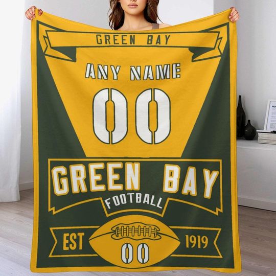 Green Bay Custom City Football Flannel Blanket Personalized Name Number for Men Women Youth Kids Throw Blanket Decor for Home Office Travel