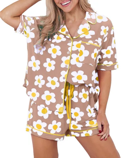Womens Pajama Sets Brown White Flower Print Buttoned Drawstring Waist Lounge ...