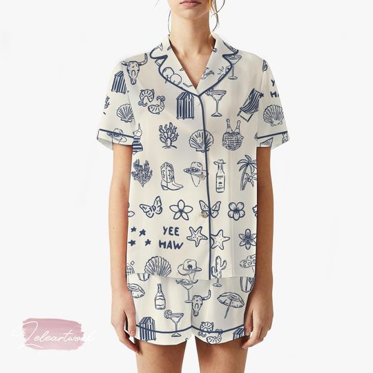 Cowboy Collection Art Pajama Set  Western Coastal Short Sleeve Sleepwear, Yeehaw Loungewear Gift for Cowgirl Vibes