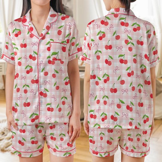 Discover Coquette Cherry Pajama Set, Retro Checkered Sleepwear, Cute Short or Long Sleeve Pajamas for Women, Girly Aesthetic Loungewear, Gift for Her