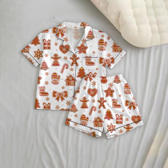 Christmas Gingerbread Cookie Candy Cane Short Pajamas Set, Christmas Pattern Homewear, Cute Sleepwear, Christmas Gifts