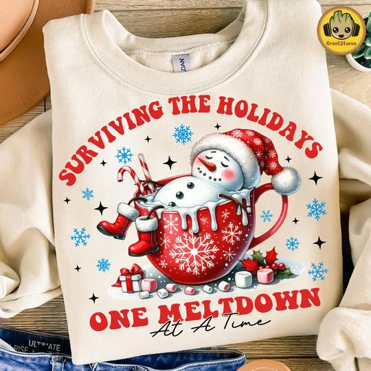 Discover Christmas Snowman Coffee Cup Sweatshirt Design, Holiday Survival