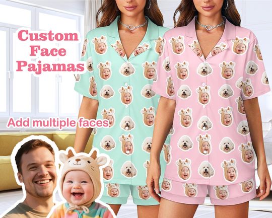 Pajama SetOne Price Only | Custom Womens Pajama Set with Face, Short Sleeve Pajamas, Custom Sleepwear, Funny Birthday/Party Gift