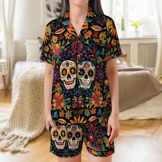 Discover Sugar Skull Pajama Set Short Sleeves, Day of the Dead Woman's Satin Pajamas Short Sleeve Calavera Dia de Los Muertos Pajama Set
