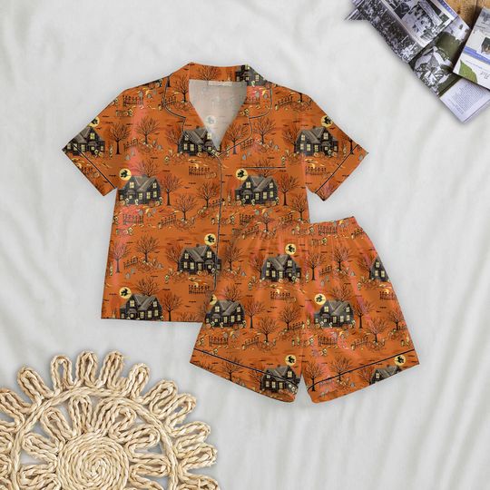Discover Halloween Scary House Short Pajamas Set, Halloween Witch Style Sleepwear, Halloween Night Homewear, Spooky Season Gift