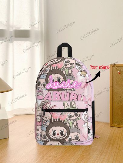 Discover Custom Name Labubu Backpack, Kawaii Cartoon School Bag for Girls, Personalized Pop Mart The Monsters Bookbag
