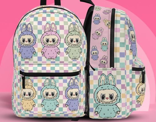 Discover Pink Checkered Labubu Backpack with Water Bottle Holder for School