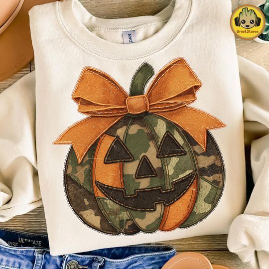 Retro Patchwork Pumpkin Sweatshirt, Camouflage Halloween Jack O' Lantern