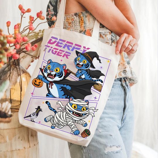 Halloween Tiger Derpy Kpop Demon Hunter Tote Bag, Kpop Demon Hunters Tote Bag Bag, Huntrix Girls Bag, Demon Hunter, Gift For Kpop Fan
