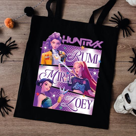 Huntrix Demon Hunters Tote Bag, Kpop Anime Girl Merch, Mira Rumi Zoey Cotton Bag, Everyday Tote for Kpop Fan, Casual Daily Use