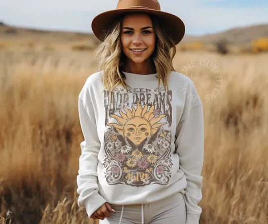 Discover Retro Bohemian Sweatshirt with Sun & Sunflowers Mountains Landscape