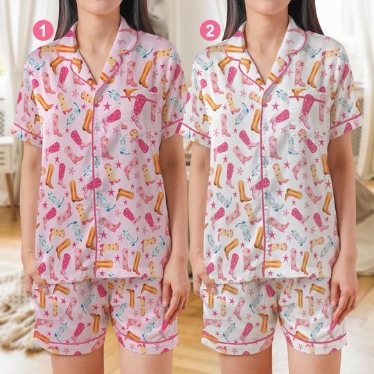 Discover Cowgirl Boots Satin Pajama Set, Cute Western Rodeo Sleepwear for Country Girls, Pink Cowgirl Summer Pajamas, Cowgirl Gift Loungewear Set