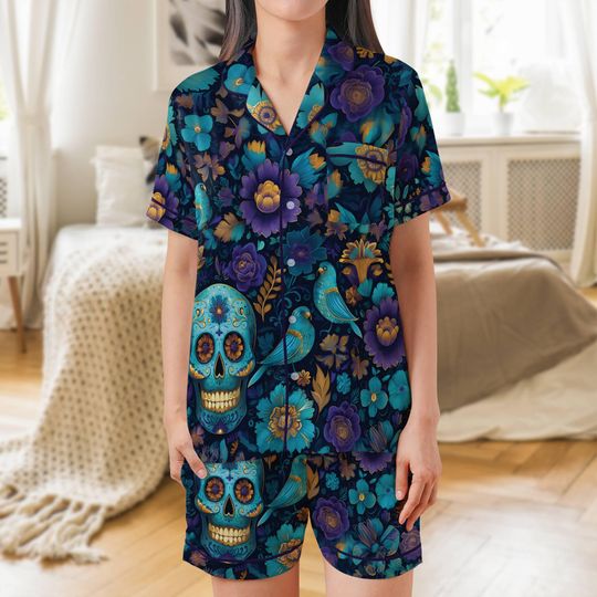Discover Day of the Dead Pajama Set Short Sleeves, Sugar Skull Woman's Satin Pajamas Calavera Dia de Los Muertos Pajama Set