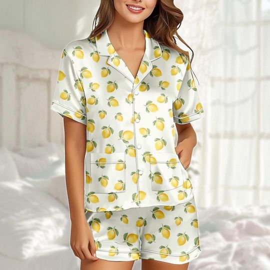 Discover Lemon Satin Pajama Short Set, Fruit Print Sleepwear, Cute Yellow Pjs For Women, Matching Pjs, Summer Lounge Set, Citrus Gift For Her