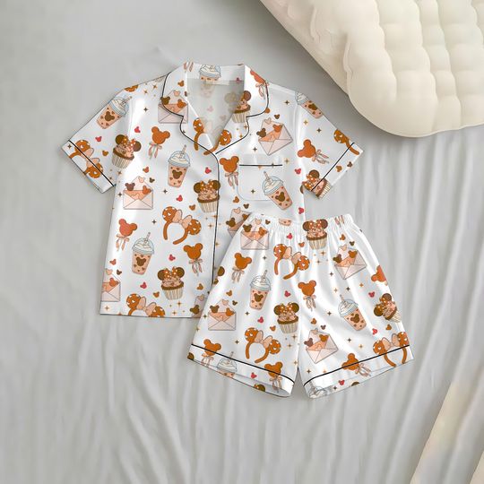 Fall Mk Mn Mouse Short Pajamas Set, Cozy Autumn Sleepwear, Cute Coffee Lover Gift, WDW Cartoon Loungewear, Cartoon Fan Gift