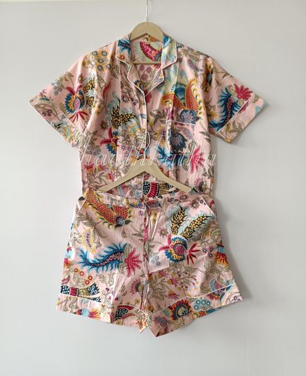 New Indian Handmade Short PJ Set, Hand Block Print  Shirt with Boxer Pj, Lightweight Summer Pjs Loungewear in Wholesale Prices, Pj Set